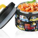 PIQUEBAR 8oz Kids Thermo for Hot Food,Small Lunch Thermo Food Container Stainless Steel,Easy Open Wide Mouth Thermo for Hot Cold Food for Preschool Travel (Black Animal Truck)