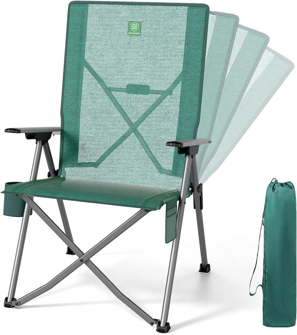 EVER ADVANCED Reclining Camping Chairs for Adult Lightweight, Portable Compact Folding Chair with High Back, 4-Level Recliner Chairs, Lawn Chair for Patio Balcony, Supports 350lbs, Mesh Green