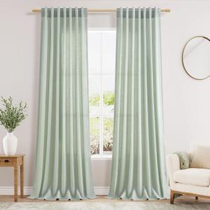 Aqua Green Linen Curtains 90 Inch Long 2 Panels Set for Bedroom Living Room Linen Textured Window Drapes Semi Sheer Light Filtering Rod Pocket Back Tab Cotton Textured Farmhouse Curtain 52x90