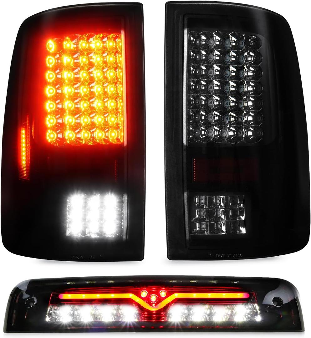 Tresound Tail Light + 3rd Brake Light for Dodge Ram 1500 2009-2010, Ram 2500 3500 2010, Ram 1500 2500 3500 2011-2018, NOT Compatible w/Original LED version, only fit Factory Halogen Model (Black Smoked)