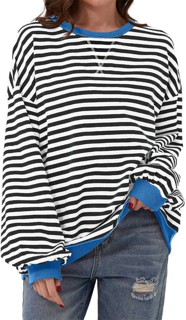 AlvaQ Womens Oversized Sweatshirt 2024 Casual Crewneck Long Sleeve Colorblock Striped Pullover Tunic Tops Outfits (L)