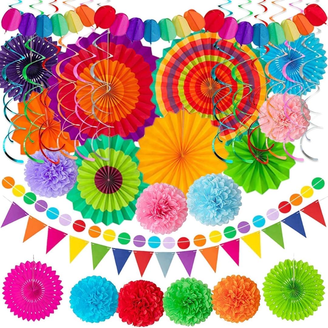 33Pcs Mexican Fiesta Party Decorations,Cinco de Mayo Decor,Multi-Color Paper Fans Garlands Pennant Tissue Pompom Hanging Swirls Garland String for Birthday Wedding Rainbow Party Decor Favors Supplies