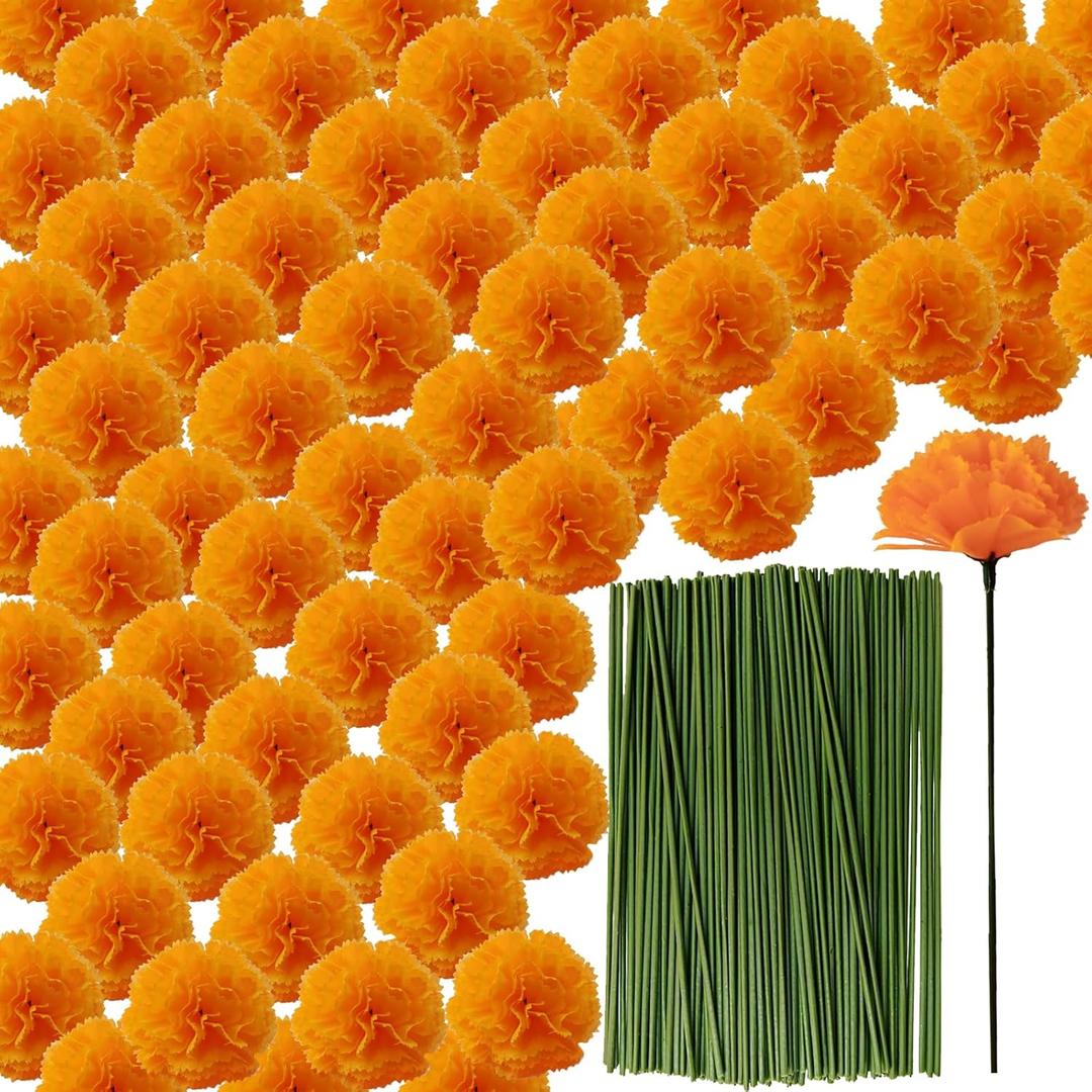 101PCS Marigold Flower Heads Bulk, Silk Marigold with Stems Artificial Flowers for Diwali Home Decor Day of The Dead Wreath Garland