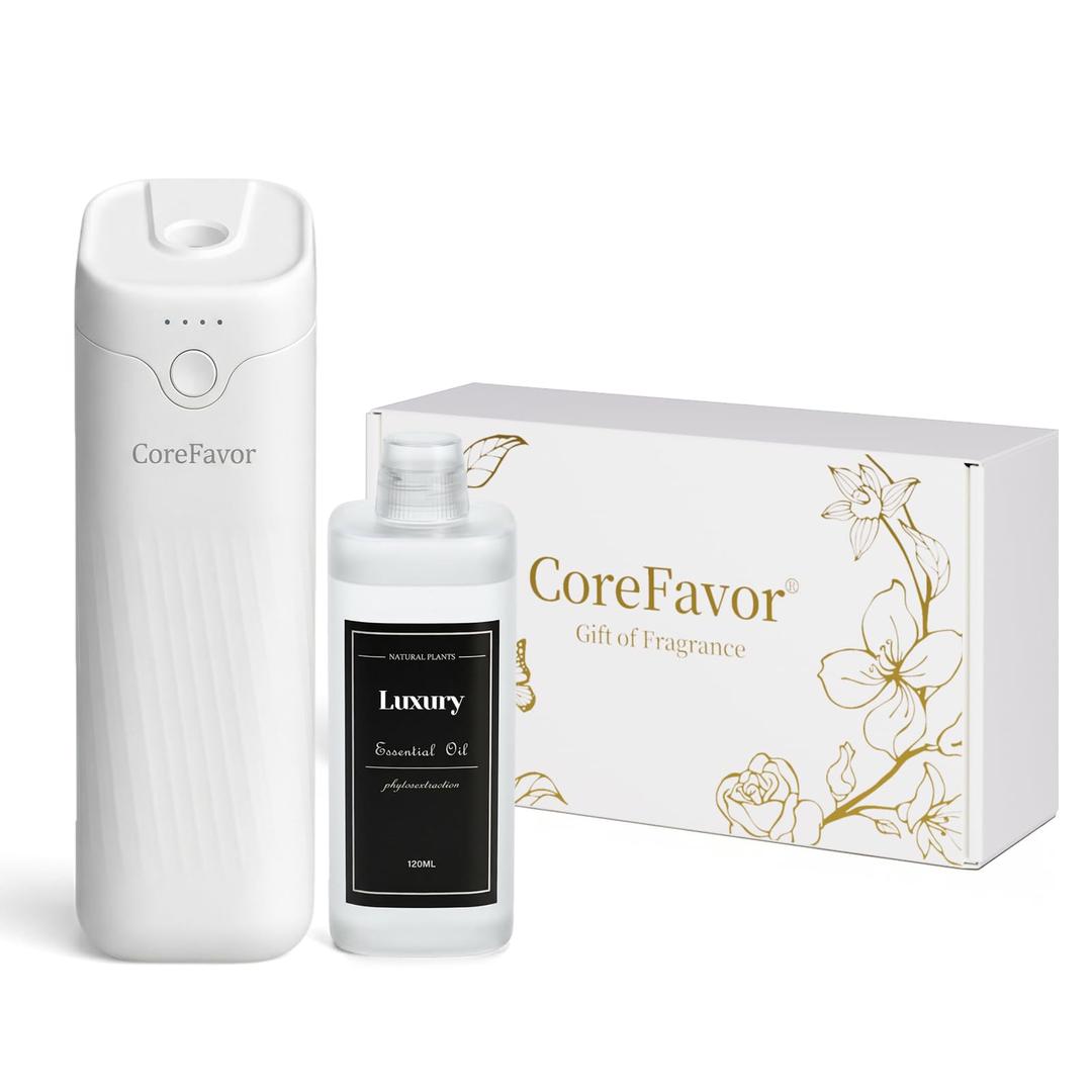 CoreFavor Waterless Essential Oil Diffuser with 120ml Oil, Portable Battery-Operated Cold Air Aroma Scent Machine, 4 Adjustable Intensity Levels