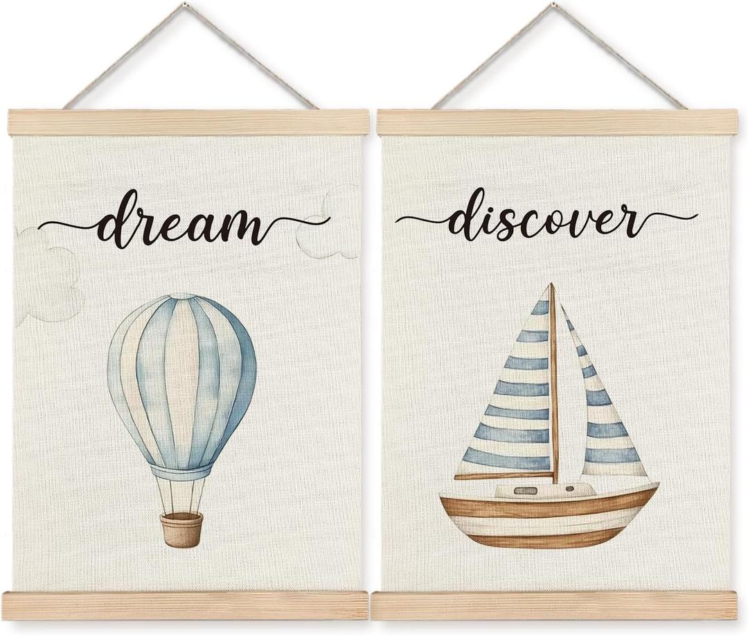 ignytiger Hot Air Balloon Boat Wall Art Decor, Baby Boy Nursery Wall Decor, Blue Boy Nursery Hot Air Balloon Decoration for Classroom Nursery Playroom Bedroom,12x16 Inches Set of 2