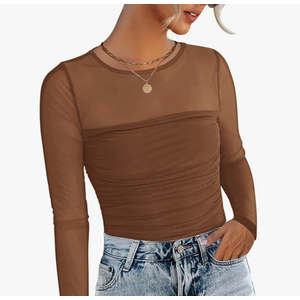 Zeagoo Women's Mesh Blouses Sexy Sheer Long Sleeve Shirts Crew Neck Going Out Tops Fall Lace Clothes M