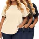 3 Pack Women's Plus Size Short Sleeve T-Shirt Crew Neck Loose Fit Comfy Tops Summer Casual Basic Tees 2025 (X-Large, Black, Brown, Cream)