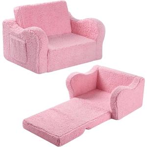 Kids Sofa, 2-in-1 Flip-Out Foam Couch with Soft Sherpa Cover, Cozy Play Lounge Chair, Pink, Medium