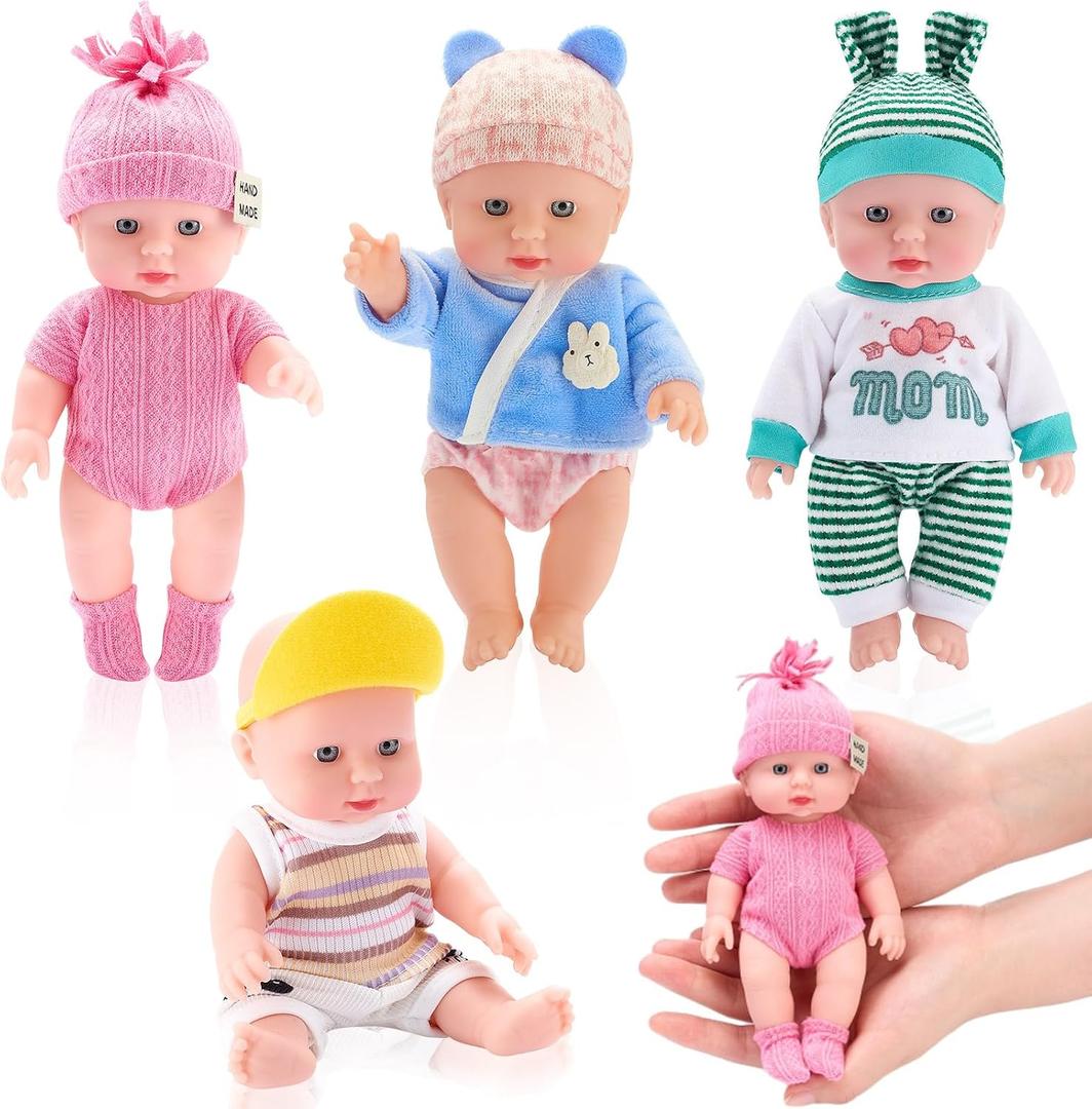 Halloscume 7 Inch Mini Baby Mini Reborn Doll Vinyl Full Body Lifelike Dolls Baby with Weighted Cloth Reborn Gift Set for Kids, Gifts for Christmas Kids(4 Pcs,Summer)