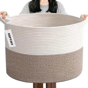 90L Extra Large Blanket Basket,Woven Rope Laundry Basket Hamper with Handles, Decorative Nursery Basket Storage Bin for Toys, Clothes Organizer, Living Room, Bedroom, Bathroom, White & Brown