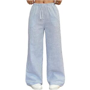 Girl's Striped Wide Leg Baggy Pants Elastic Waist Casual Long Trousers with Pockets (Blue)