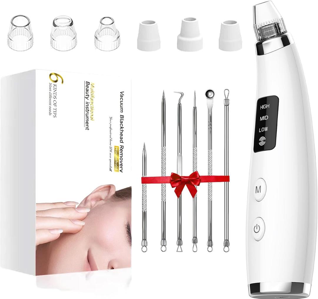 Blackhead Remover Vacuum, Type-C Rechargeable Pore Cleaner with 3 Adjustable Suction, 6 Probes & Comedone Extractor Tool Kit for Women and Men, White Heads Removal for Face & Nose