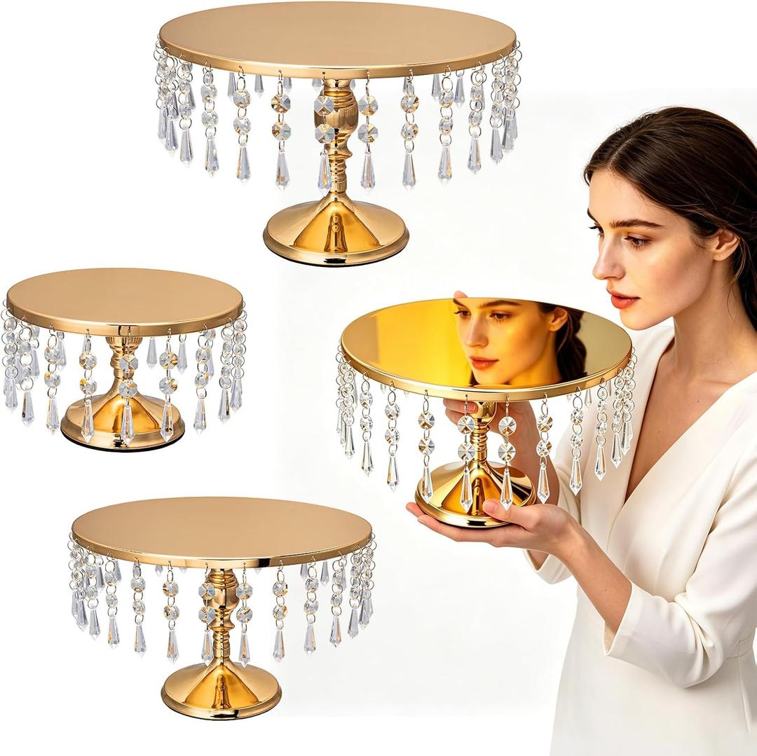 3 PCS Gold Cake Stand Set with Crystal Pendants, Dessert Table Display Set | Dazzling Metal Cake Holder Stand for Wedding, Party, Birthday, Baby Shower, Event Bridal Celebration