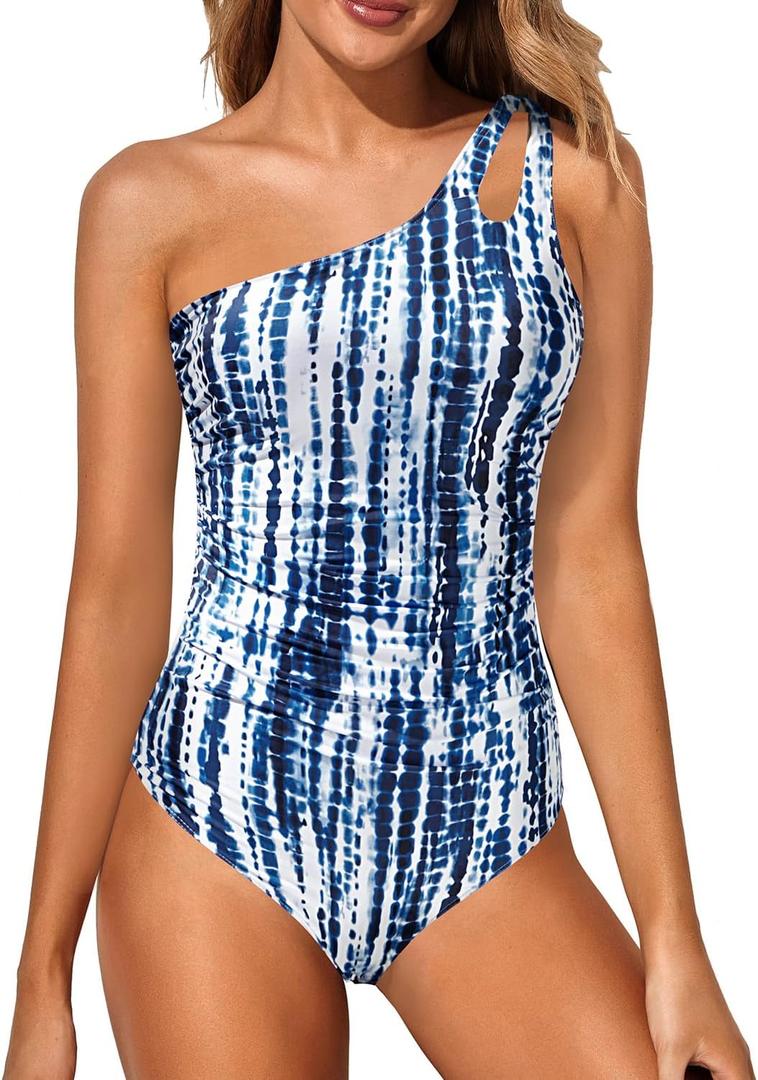 Holipick One Shoulder One Piece Swimsuit for Women Tummy Control Bathing Suits Modest Full Coverage Keyhole Swimwear (Large, Blue Tie Dye)