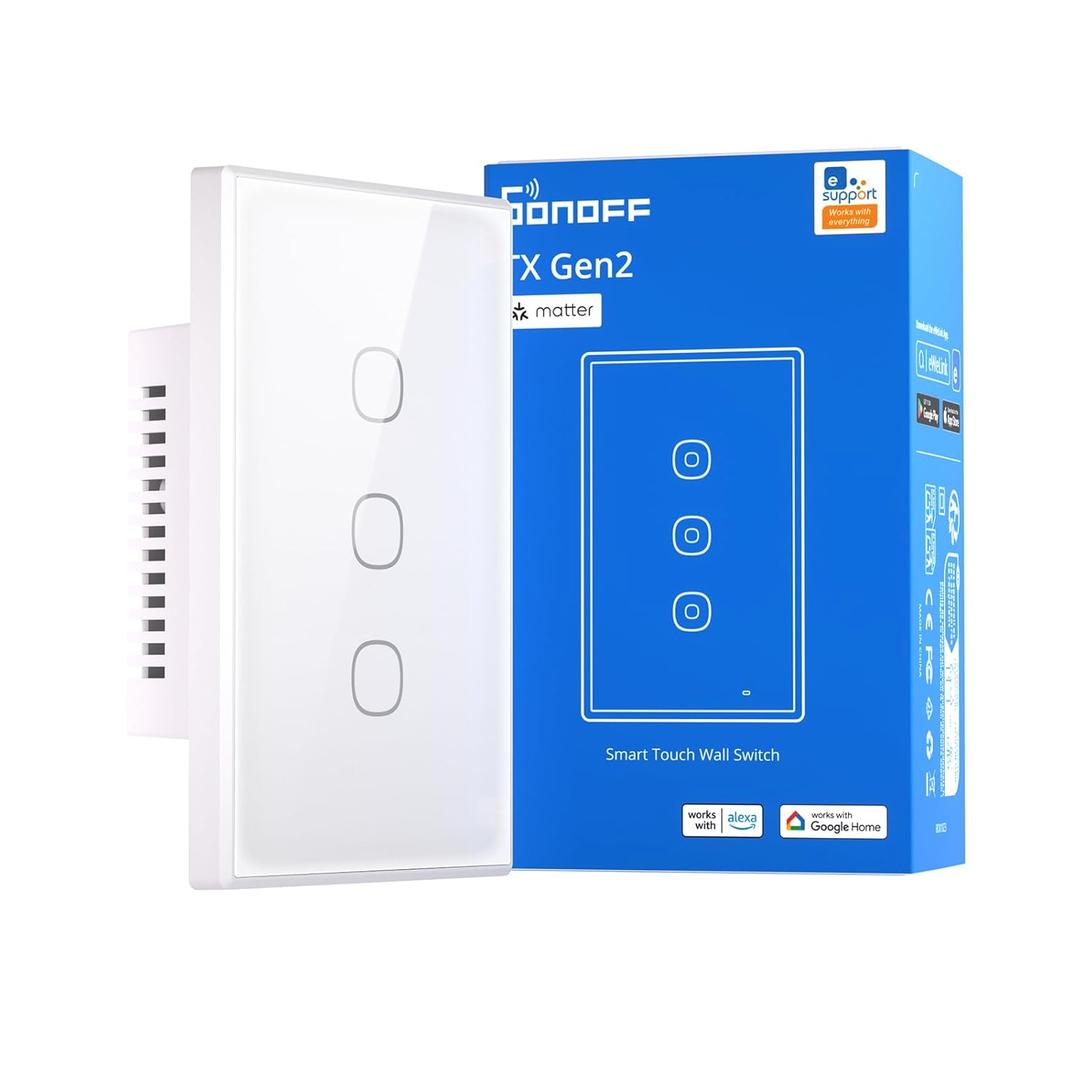 SONOFF TX Gen2 Smart Wall Touch Switch, 3-Channel 120-Type Design, Wi-Fi for eWeLink Automation, Matter Enabled, Works with Apple Home/Google Home/Amazon Alexa - T6-3C-120M