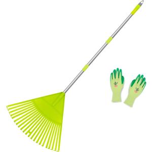 Colwelt Plastic Leaf Rake with 56'' Lightweight Stainless Steel Handle, 22Tines Plastic Head & Garden Gloves for Collecting Loose Debris