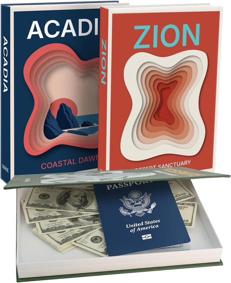 Gifts for Travelers & Hikers - National Park Decorative Books with Storage (Zion, Yosemite, Acadia) - Vintage Travel Decor Memory Box for Keepsakes, Coffee Table & Shelf Display (Set of 3) (Green-Red-Blue)