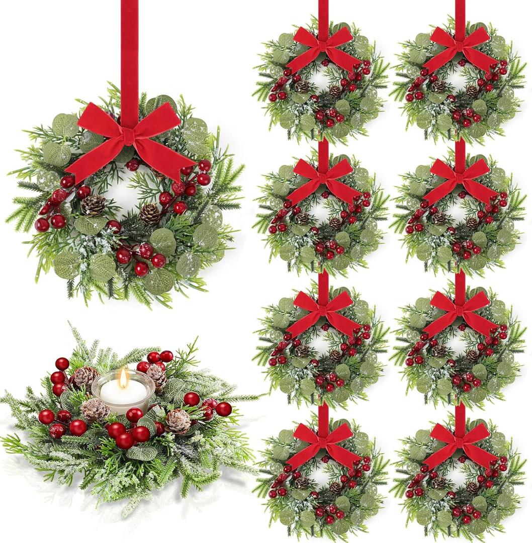 8 Pcs 9 Inch Christmas Artificial Wreaths for Kitchen Cabinet Norfolk Pine Garland with Red Berries Pinecones Wreaths Swags Snowy Pine Candle Rings Holder for Christmas Decorations Table Centerpiece