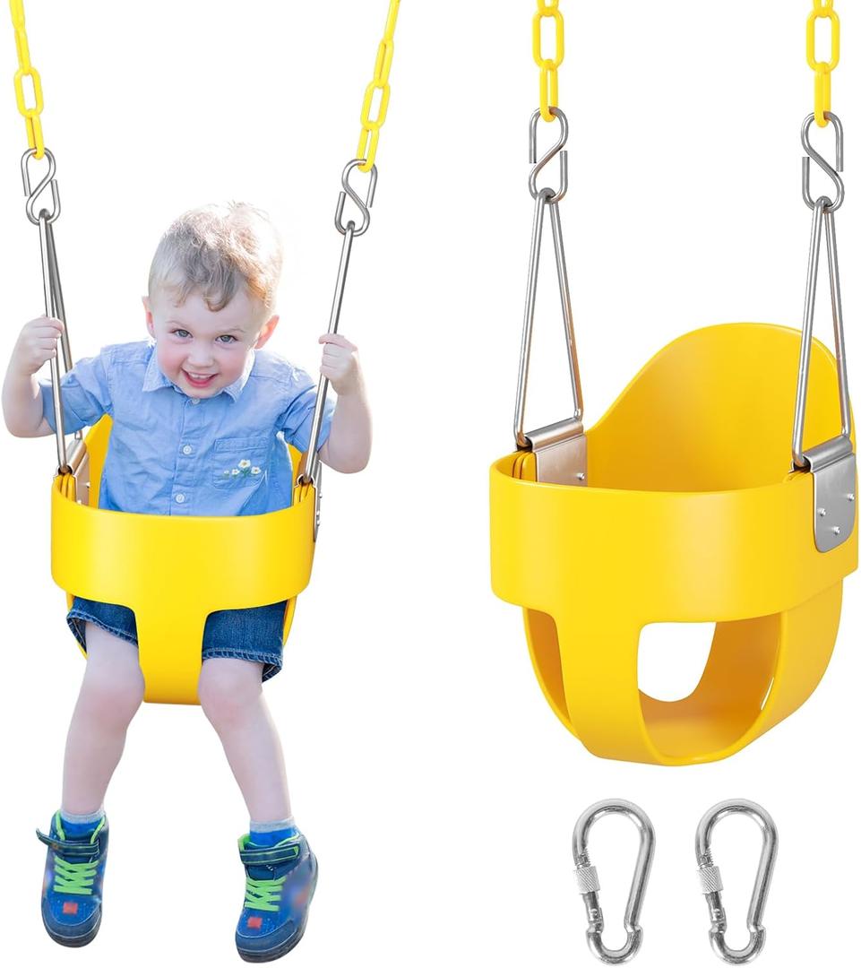 DECORLIFE Toddler Swing - High Back Full Seat for Ages 1-3, 330lb Capacity, Baby Infant Swing Outdoor with Safety Design, Plastic-Coated Chains, Carabiners for Backyard, Garden-Yellow