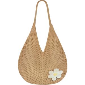 Topdear Crochet Tote Bag for Women, Crochet Mesh Beach Tote Bag, Summer Vacation Sunflower Knitted Bag for Women Shoulder (Khaki)