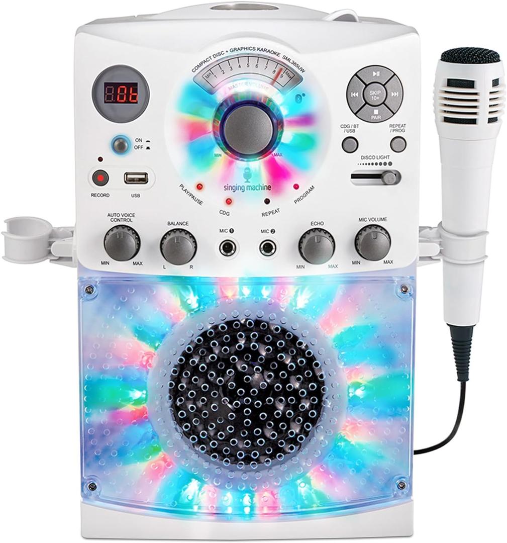 Singing Machine Portable Karaoke Machine for Adults & Kids with Wired Microphone, White - Built-In Speaker, Bluetooth with LED Disco Lights - Karaoke System with CD+G Player & USB Connectivity