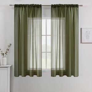 MIULEE Olive Green Sheer Curtains Linen Textured 63 Inches Long 2 Panels for Bedroom Living Room, Semi Transparent Farmhouse Rod Pocket Light Filtering Voile Window Drapes, W 42 x L 63 inch Length