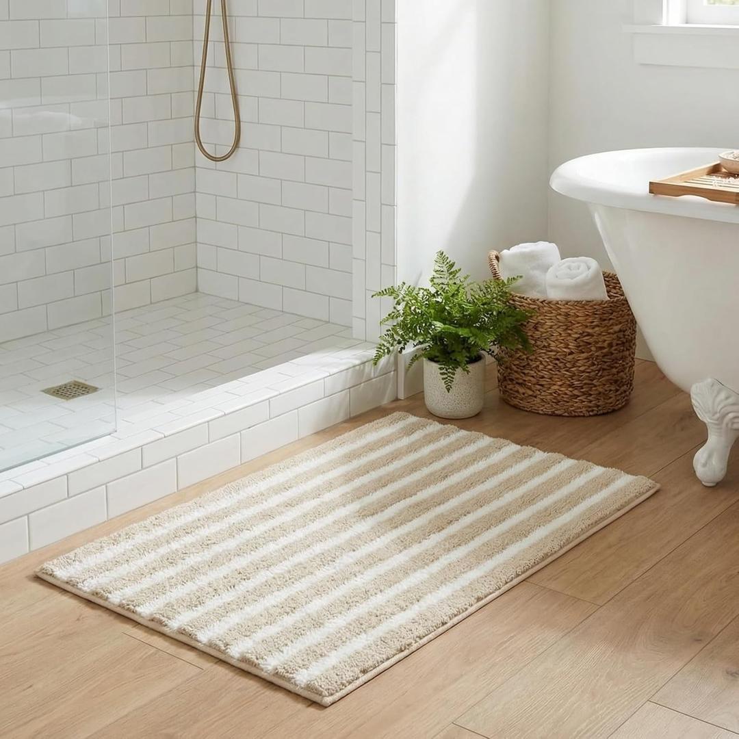 GRANNY SAYS Striped Bathroom Rugs Non Slip, 16" x 24", Bath Rugs for Bathroom Washable, Bath Mats for Floor, Microfiber Bath Mat for Tub, Absorbent Bath Rugs for Shower Room, Beige