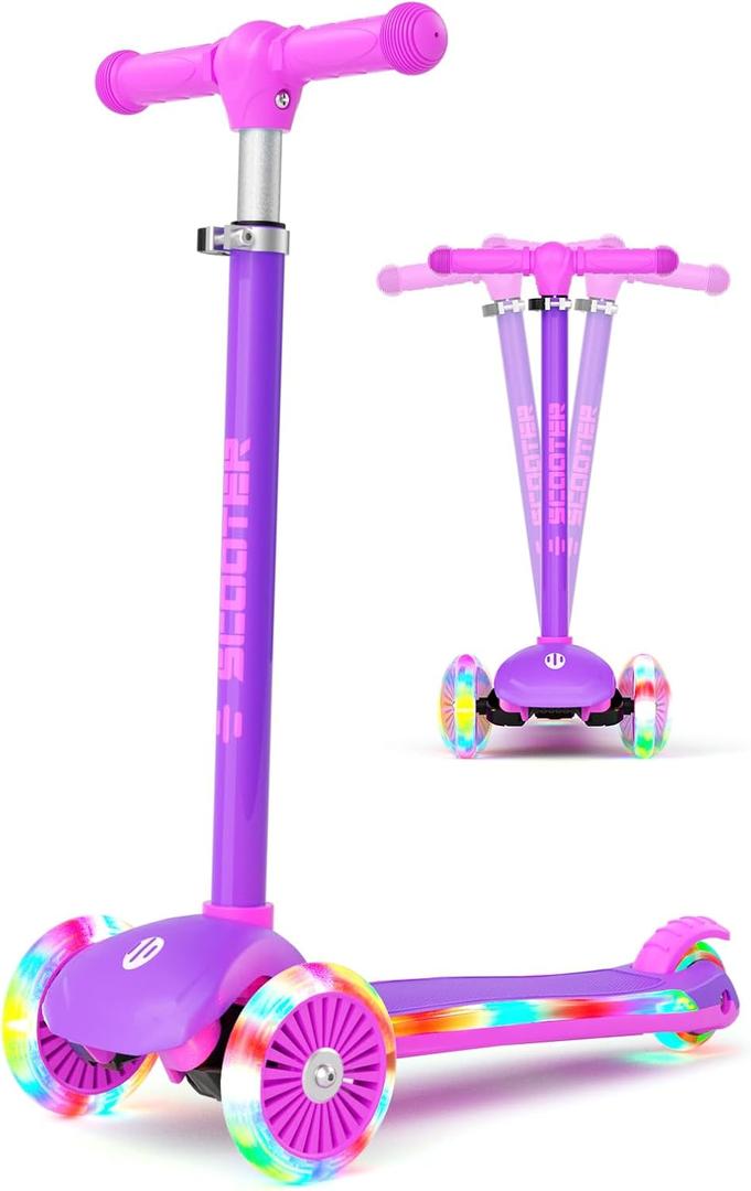 KORIMEFA Scooter for Kids Ages 3-8 with Light-Up Wheels & Deck, 3-Wheel Toddler Scooter with Adjustable Height, Anti-Slip Deck, Lean-to-Steer
