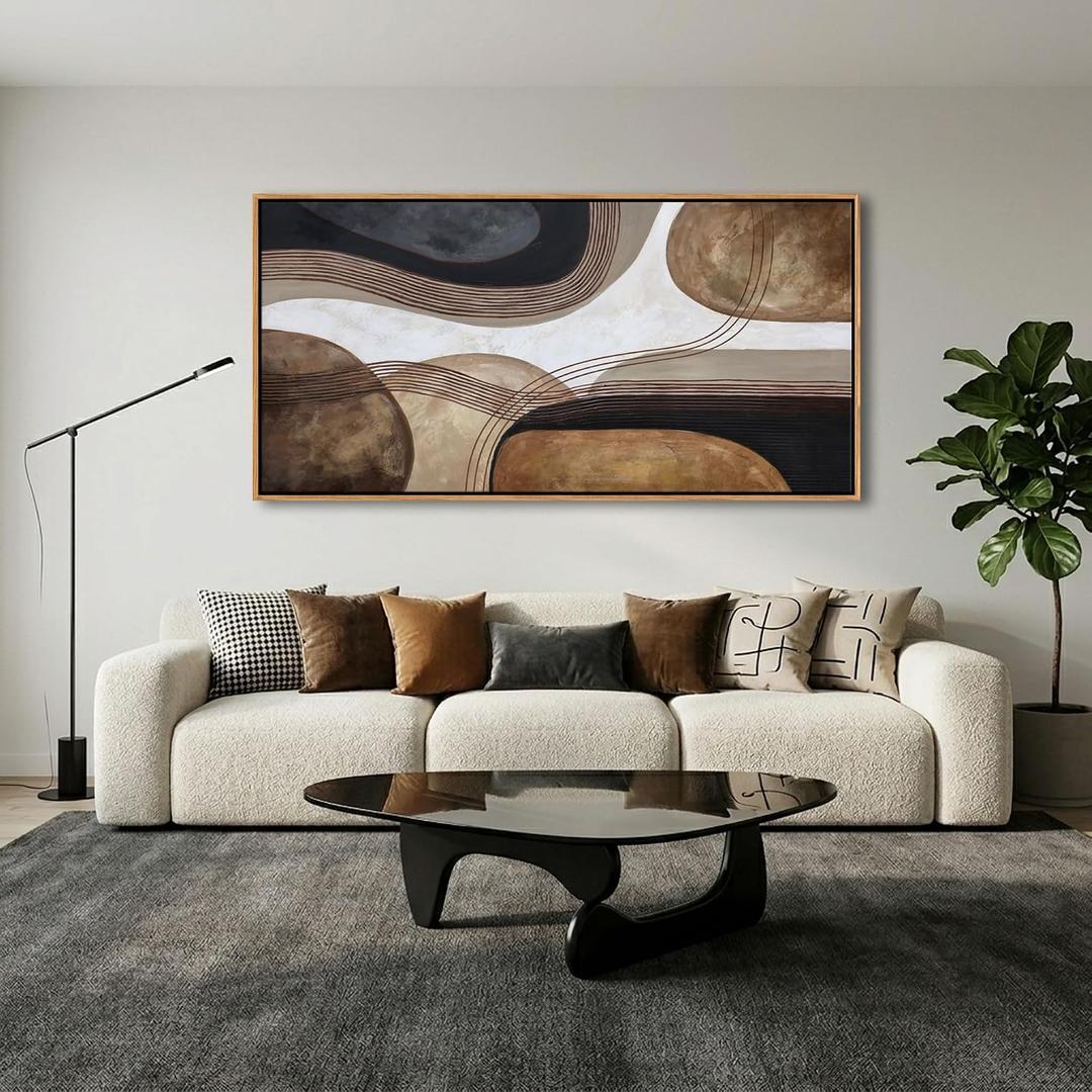 Large Brown and Black Abstract Canvas Wall Art - Modern Framed Artwork for Living Room, Minimalist Neutral Bedroom Wall Decor Above Bed, Contemporary Office Wall Paintings 24×48In