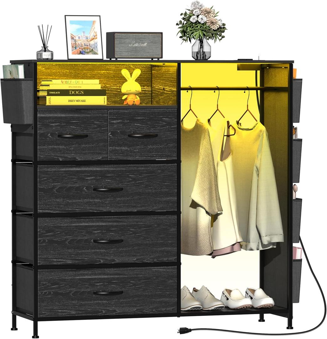 Dresser for Bedroom with Clothes Rack Side Pockets 5 Drawer Dresser with Charging Station LED Lights Black Storage Chest of Drawers for Nursery Hallway Closet Sturdy Steel Frame Wood Top