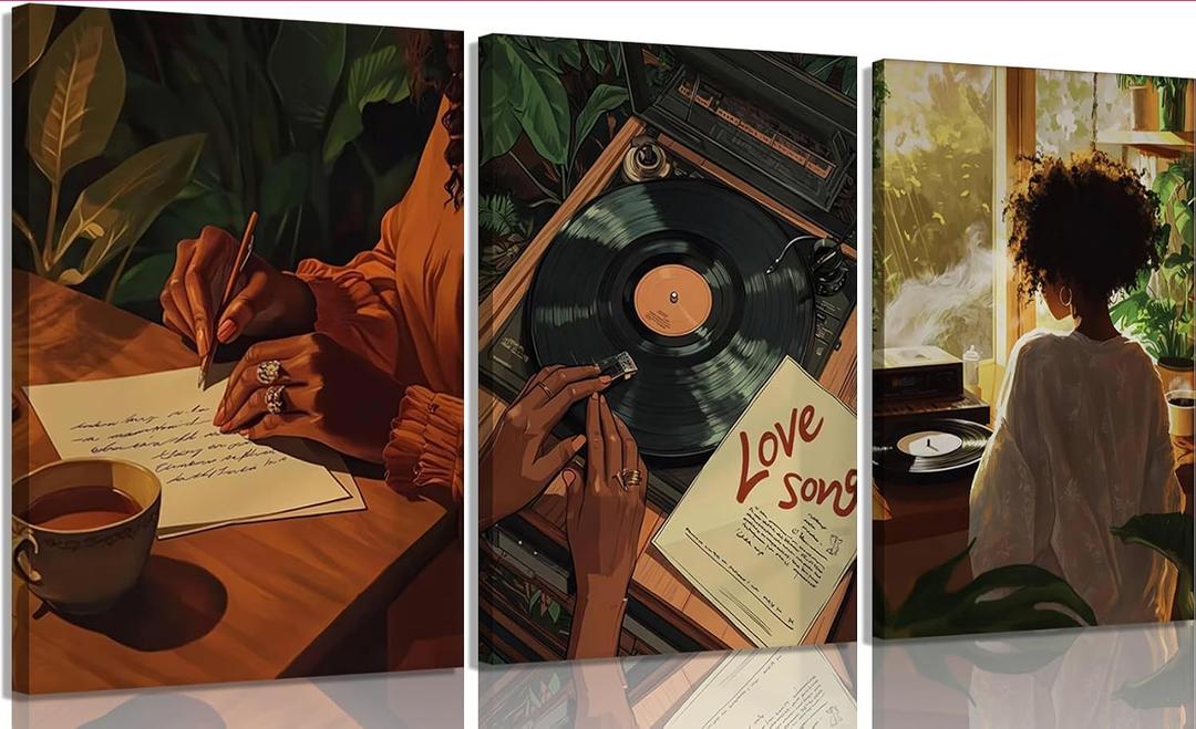 3 x XLYFVLGF 3Pcs Black Women Canvas Wall Art African American Pictures Wall Decor Black Girl Painting Fashion Abstract Prints for Bedroom Bathroom Living Room Home Decoration 16x24in, 24L"x16W"-Canvas