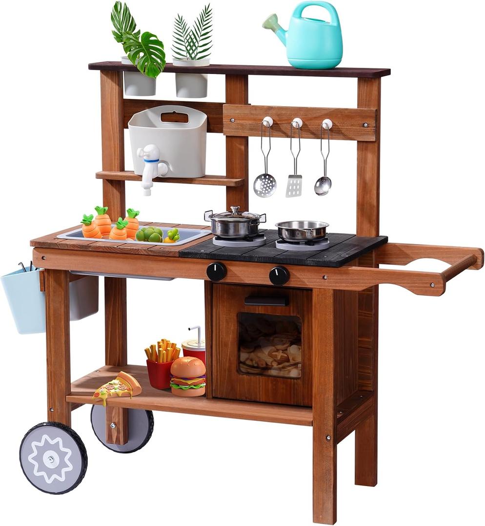 ROBUD Mud Kitchen for Kids Outdoor with Wheels, Wooden Outdoor Play Kitchen, Kids Mud Kitchen with Removable Sink & Faucet, Monteeori Toys for Children Ages 3+ Years, WG403