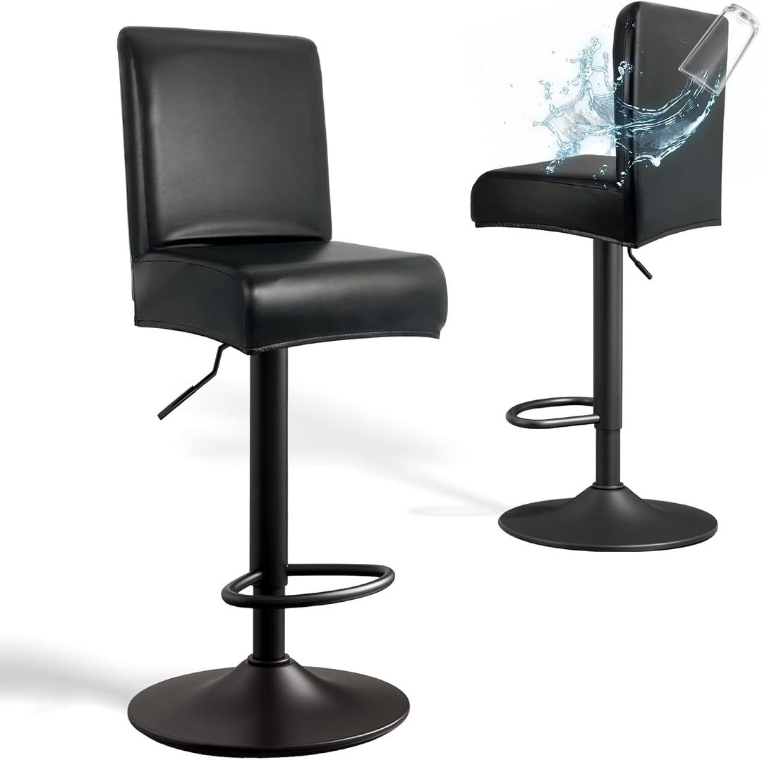 PU Leather Bar Stool Covers with Backs, 2 Pack Stretch Waterproof Bar Stool Chair Covers Washable & Comfortable Barstool Covers Slipcovers with Back for Pub/Counter/Dining Room Decoration (Black)