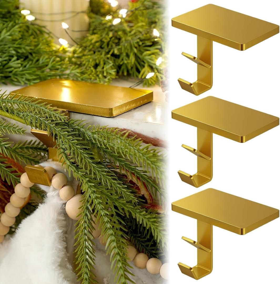 2 in 1 Fireplace Garland and Stocking Hangers for Mantel Heavy Duty Christmas Stocking Holders for Mantle Metal Garland Hooks Xmas Holiday Decoration(Gold,6 Pack)