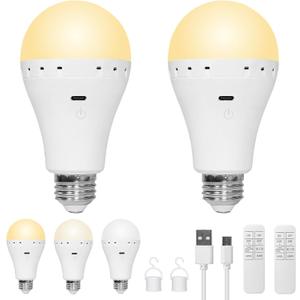 QBY Rechargeable Emergency Light Bulb, ETL/FCC Certified, 1500mAh Battery Backup Led Light Bulbs, 3000/4500/6000K & Dimmable, 60W Equiv., Remote & Touch, Home/Power Outage/Camping, 2 Pack