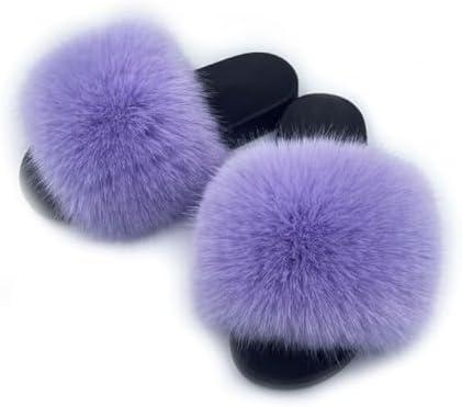 AuapTavw Women's Faux Fur Slides Slippers Fluffy Fuzzy Sandals Open Toe Furry Slide Flip Flop Indoor Outdoor Size 7 (Purple)