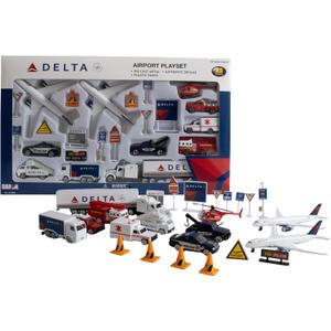 Daron Delta Airport 25-Piece Die-Cast Metal and Plastic Airplanes, Vehicles, and Accessories Playset Toy and Collectible for Ages 3+