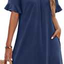 OFEEFAN Summer Dresses for Women Ruffle Short Sleeve V Neck Casual Shift Dress with Pockets, XL