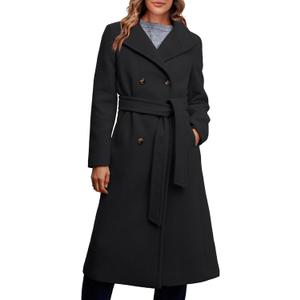Fisoew Women Double Breasted Coats Long Winter Work Office Overcoat Pocketed Outwear with Belt (Medium, Black)