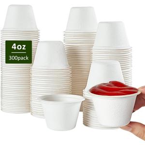Vplus 300 Pack 4 OZ Disposable Souffle Cups, 100% Compostable Portion Cups, Made From Bagasse Fibe, Perfect For Dips, Food Sample, Jams, Honey, Sauces, Nuts