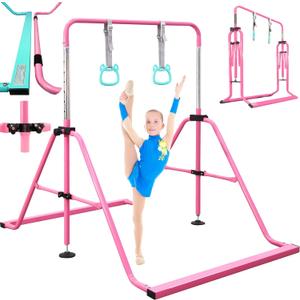 Folding Gymnastics Bar with Rings, Foldable Kip Bar with Sturdier Base, Training Bar for Kids Ages 3-10, Horizontal Bar, Home Gym Equipment for Boy Girl, 38'' Long Square Base, Pink
