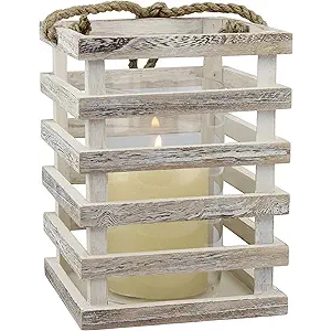 Stonebriar SB-5080B Worn White Wooden Beach House Candle Lantern with Rope Handle and Removable Glass Cylinder Hurricane, MEDIUM