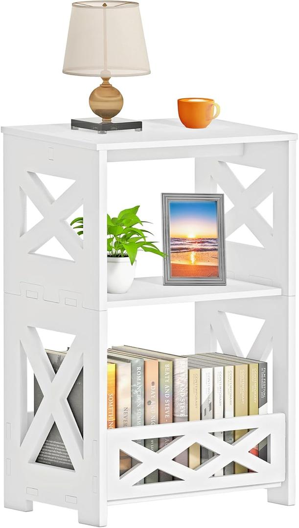 BYFU White Side Table, Small End Table with Storage Shelf, 3-Tier Nightstand Bedside Table Bookshelf Bookcase Display Rack for Small Spaces Bedroom Bathroom Living Room Office