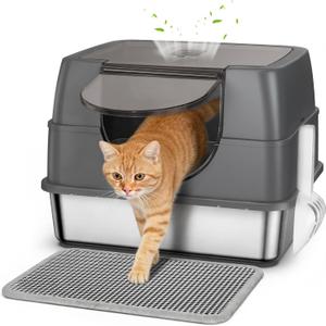 Stainless Steel Litter Box with Lid, Side Entry Large Enclosed Cat Litterbox for Kitty & Multi-Cat, Flip Cover Easy to Clean, High Sided Metal Cat Litter Pan with Scoop, Mat, Anti-Leakage, Non-Sticky