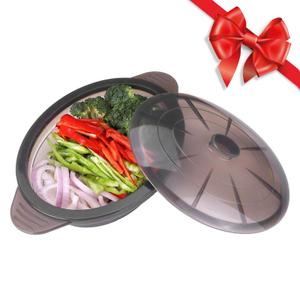 Microwave Steamer Cooker Collapsible Bowl Silicone Baked Potato Cookware with Handle Lid for Vegetables Fish Prep Meal Food with Removable Rack BPA Free Easy to Store Freezer Dishwasher Safe Black