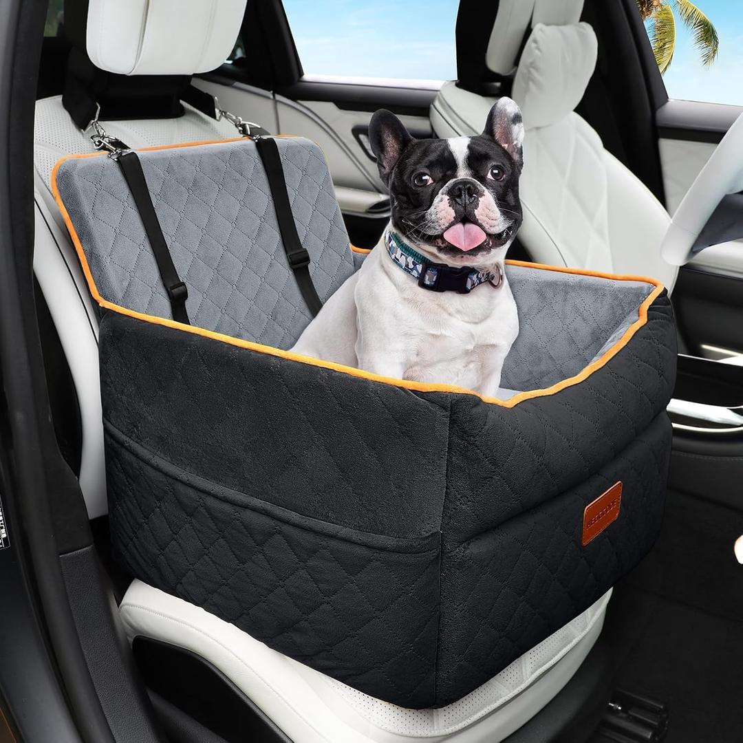 Small Dog Car Seat, Memory Foam Dog Booster Seats with Thick Cushion for Medium Dogs Under 35lbs, Detachable Washable Pet Car Seat Bed with Storage Pockets,2 Safety Belts (Black/gray)