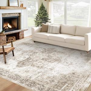 VECARF Area Rug 6x9 Washable Rug, Vintage Boho Medallion Rugs Non-Slip Soft Low Pile Large Distressed Rug Indoor Retro Carpet for Living Room Bedroom Dining Room Home Office (Taupe, 6'x9')