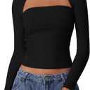 QINSEN Long Sleeve Square Neck Tops for Women Double Lined Side Ruching Going Out Shirts Basic Tee (Black, S)