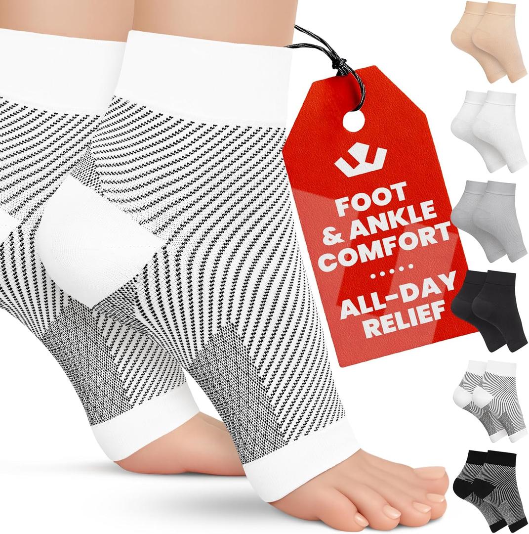 KEMFORD Ankle Compression Sleeve - 1-Pair, Plantar Fasciitis Braces - Open Toe Compression Socks for Swelling, Sprain, Neuropathy, Foot Arch Support for Men and Women - 20-30mmhg, M, White and Black KEMFORD Ankle Compression Sleeve - 1-Pair, Plantar Fasciitis Braces - Open Toe Compression Socks for Swelling, Sprain, Neuropathy, Foot Arch Support for Men and Women - 20-30mmhg, M, White and Black