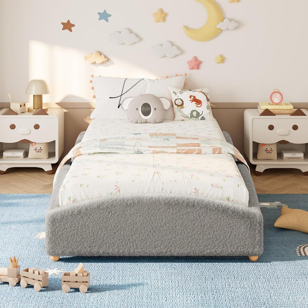 Garvee Twin Size Floor Bed Daybed for Kids, Upholstered Cloud Design Bed Frame with Raised Sides to Secure Mattress, Soft Teddy Fabric Low Profile Platform Bed for Toddler Boy & Girl, Light Grey